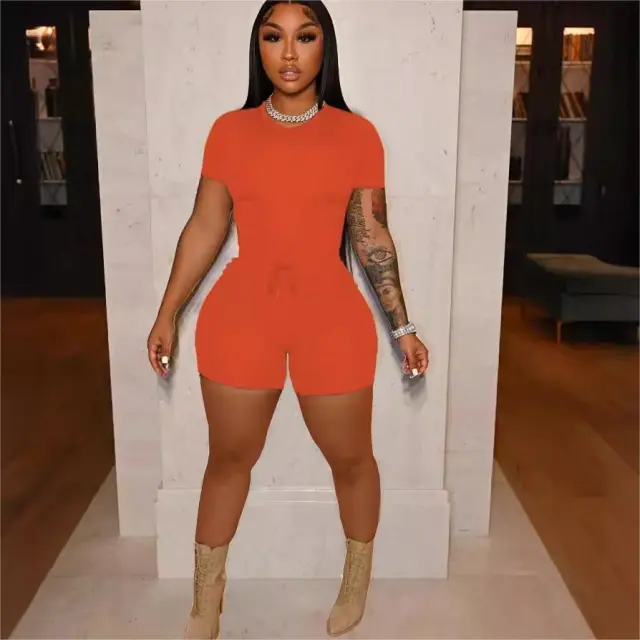 Come To Picture A Chalk Printed Women's Solid Color Casual Belt Drawstring Shorts Two piece Set Orange - Shop at LoveMi