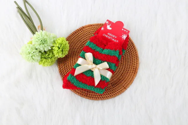 Winter Christmas Stockings Women's Thickened Bow Long Tube Fleece lined Red And Green Stripes - Shop at LoveMi