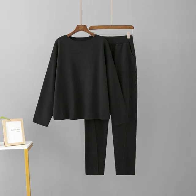 Off shoulder Woolen Pants Top Loose Knitting Suit Black - Shop at LoveMi