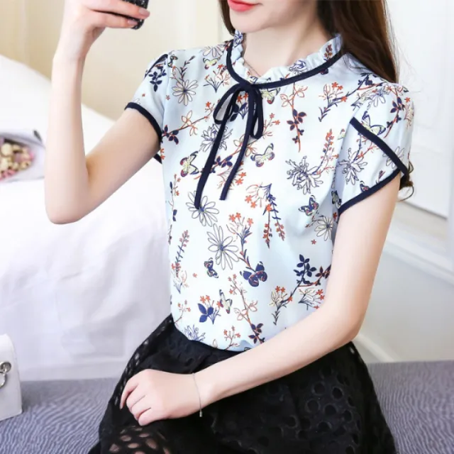 Summer Short sleeved Casual Chiffon T shirt Loose Floral Tie neck Printed Top Women's Shirt Blue - Shop at LoveMi