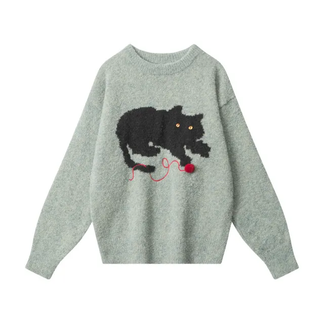 Cat Sweater Women's Autumn And Winter Lazy Leisure Pullover Knitted Blue - Shop at LoveMi