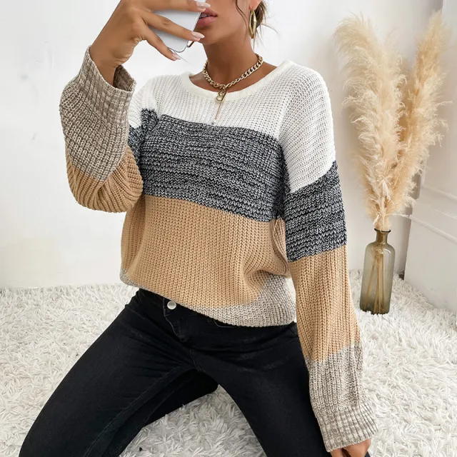 Independent Station Cross border Autumn And Winter European And American Style Casual Women's Wear Loose Color Matching Long sleeved Sweater Bottom... Khaki - Shop at LoveMi