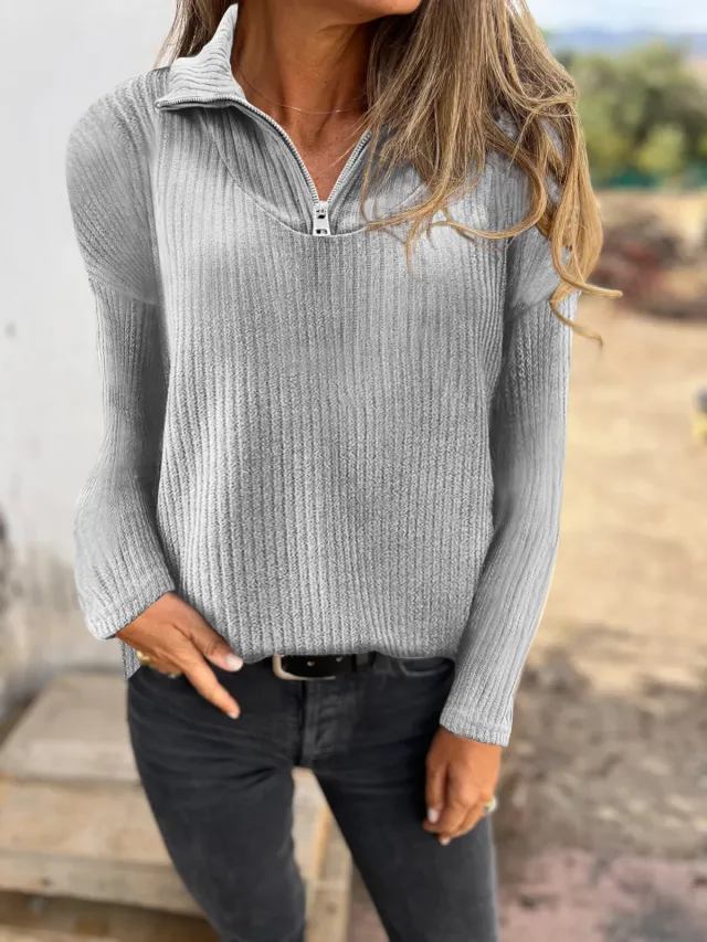 Zipper Pullover Long sleeved Sweater Casual Coat Light Gray - Shop at LoveMi