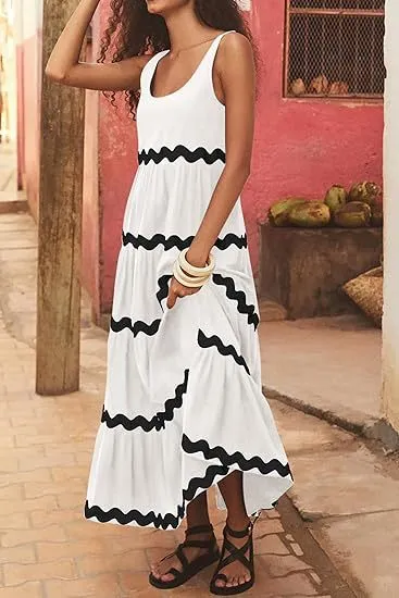 U shaped Collar Corrugated Tube Top Solid Color A Line Slip Dress White - Shop at LoveMi