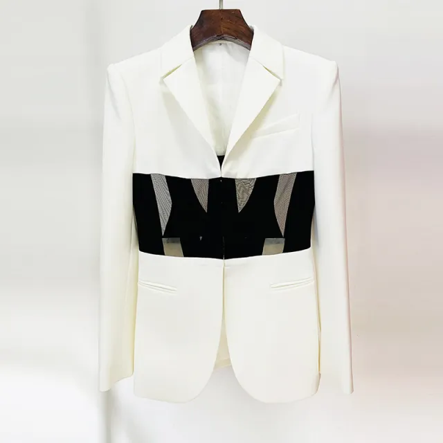 Fashion Cool Sheer Mesh Fishbone Slim Fit Patchwork Suit Jacket White - Shop at LoveMi