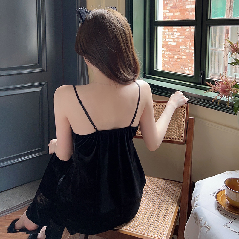 Gold Velvet Pajamas Women's Chest Pad Pure Desire Style Lace Suspenders Three-piece Set