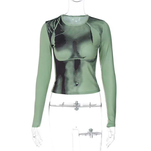 Fashion Print Round Neck Slim Fit Midriff baring Women's Long sleeved Top Green - Shop at LoveMi