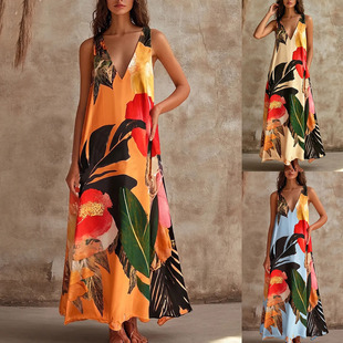 Womens V-neck Printed Vest Dress