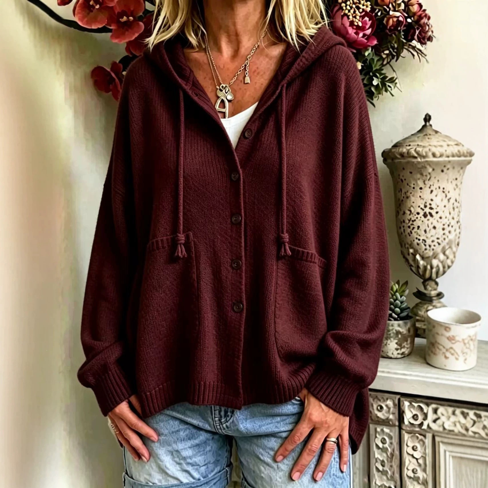 Autumn Winter Solid-Color Loose-Fit Hooded Top