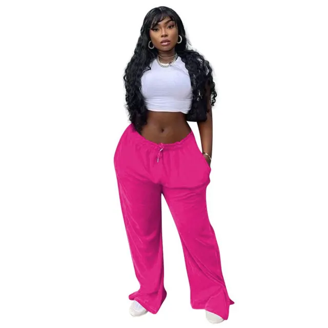 Women's Solid Color Casual Loose Slit Fashionable Wide Leg Pants Rose Red - Shop at LoveMi