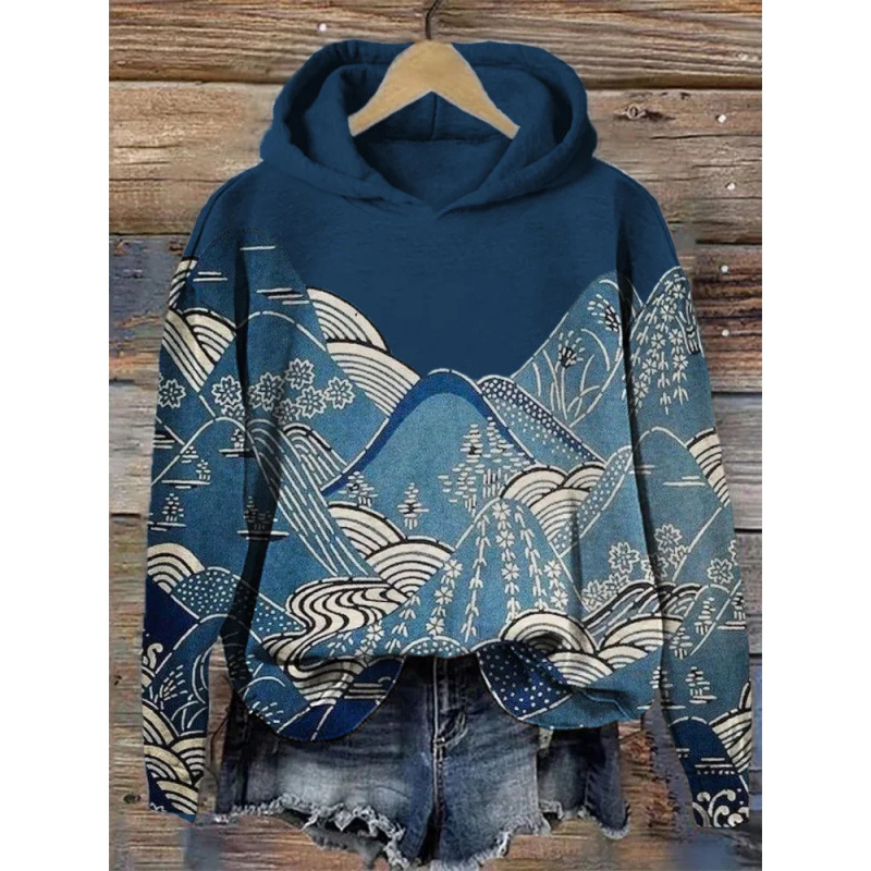 Womens Printed Hooded Long-Sleeve Pullover Sweatshirt