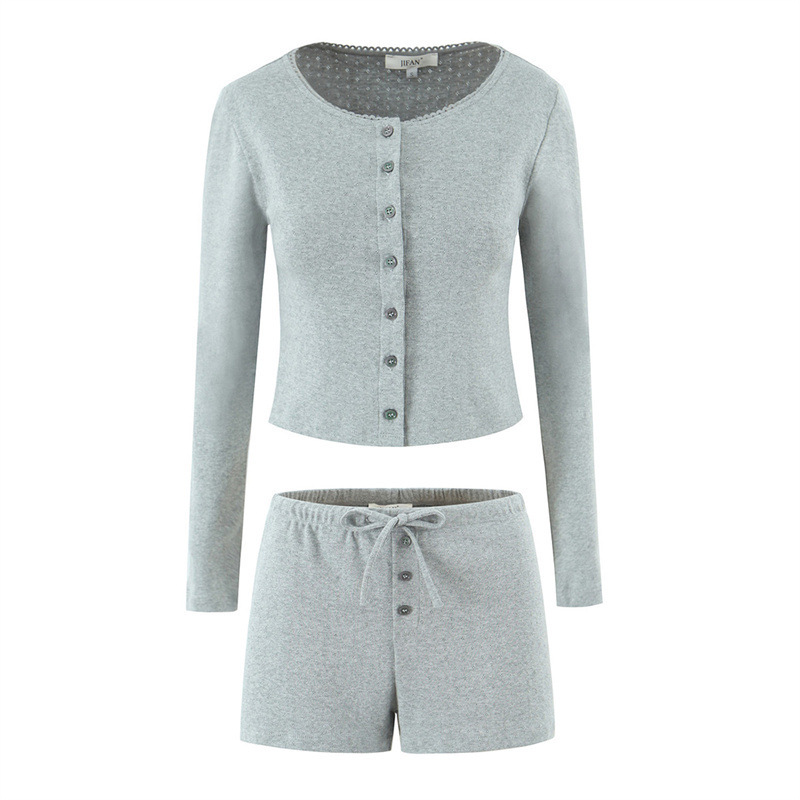 European And American Style Slim Knit 2-Piece Set Sweet Round Neck Long Sleeve Knit Top Elastic Waist Shorts