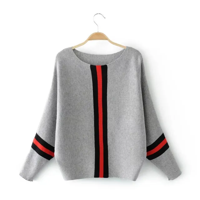 Striped Stitching Batwing Sleeve Knitted Sweater Gray - Shop at LoveMi