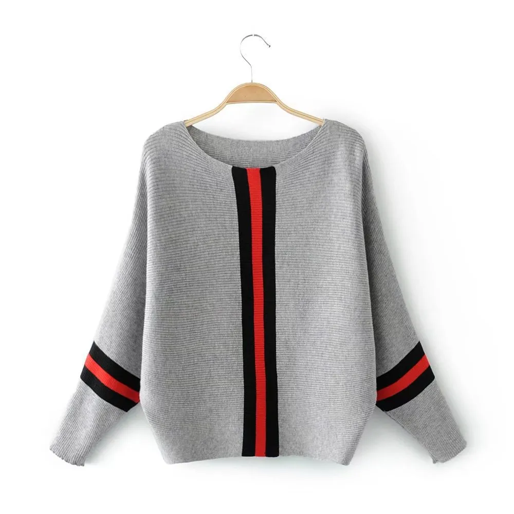 Striped Stitching Batwing Sleeve Knitted Sweater - Gray