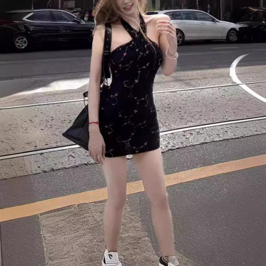 Mesh Embroidery Halter Dress