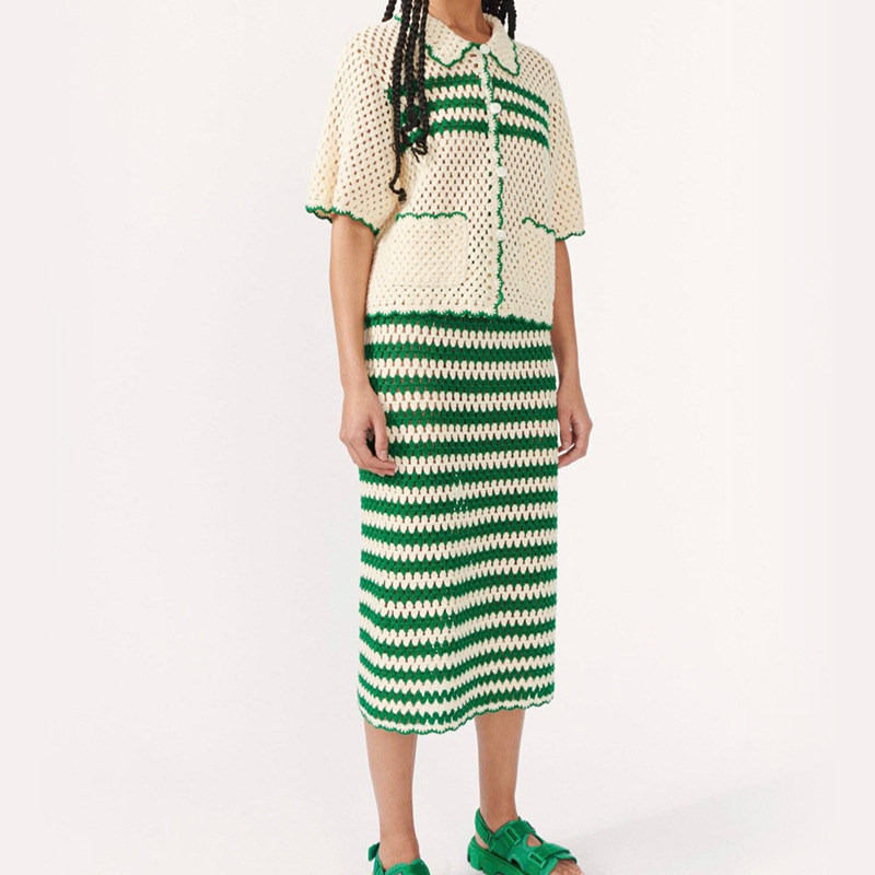 Women's Striped Lapel Hollow Short sleeved Top With Skirt Suit Green Suit - Shop at LoveMi