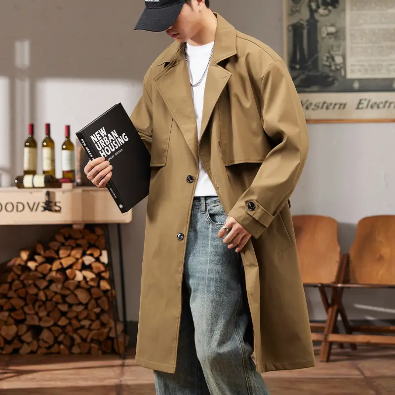 Mens Solid-color Versatile Mid-length Trench Coat
