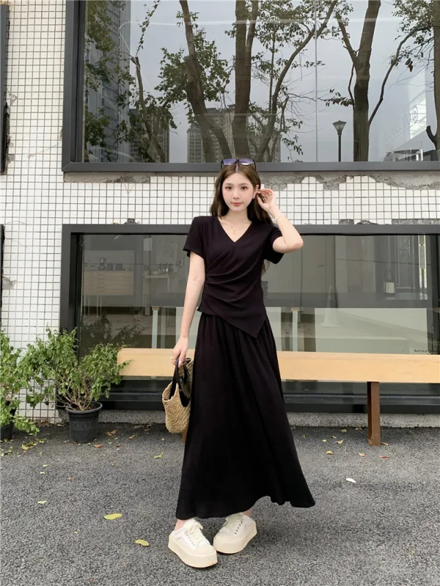 Casual Short sleeved Top Skirt Elegant Two piece Set Black - Shop at LoveMi