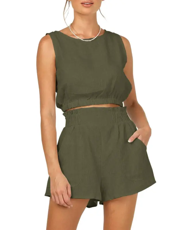 Women's Solid Color Sleeveless Short Top Shorts Suit Green - Shop at LoveMi