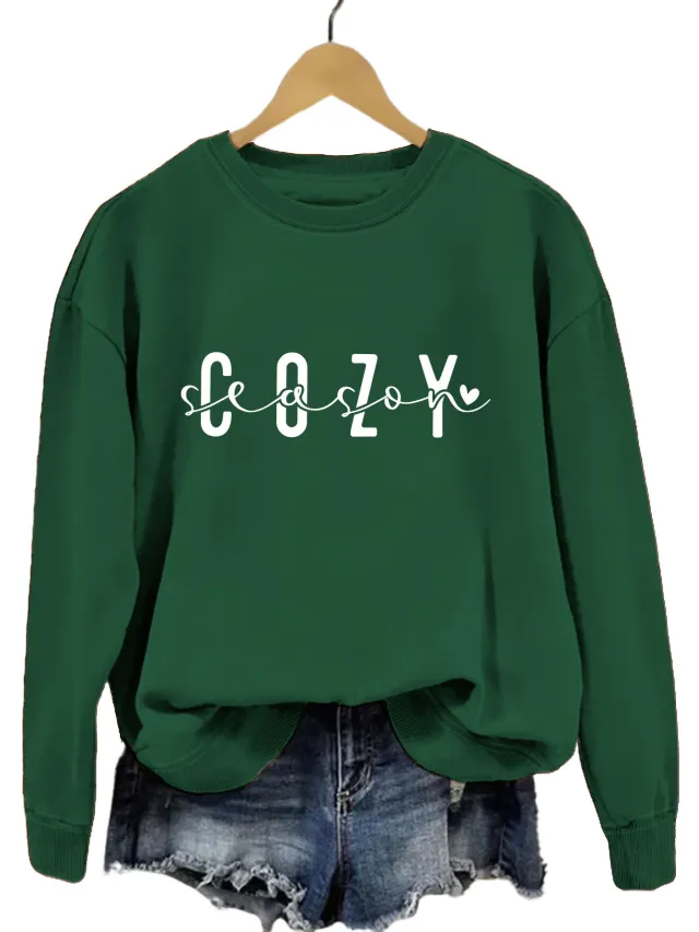 Fashion Printed Cozy Season Autumn Crew Neck Long Sleeve All match Loose Sweater Green - Shop at LoveMi