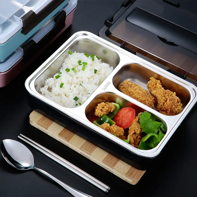 304 Stainless Steel Lunch Box Thermal Box Bento Box Three-grid Deepening Divided Lunch Box Tableware