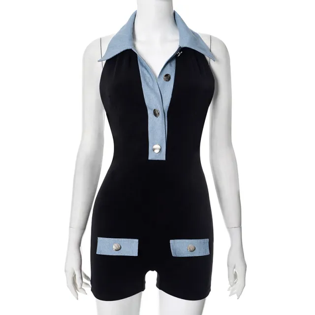 Polo Collar Denim Contrast Colors Slimming Women's Clothing One piece Shorts Black - Shop at LoveMi