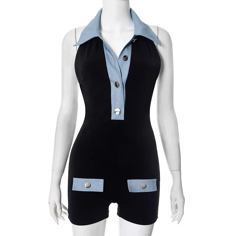 Polo Collar Denim Contrast Colours Slimming Women's Clothing One-piece Shorts - Black