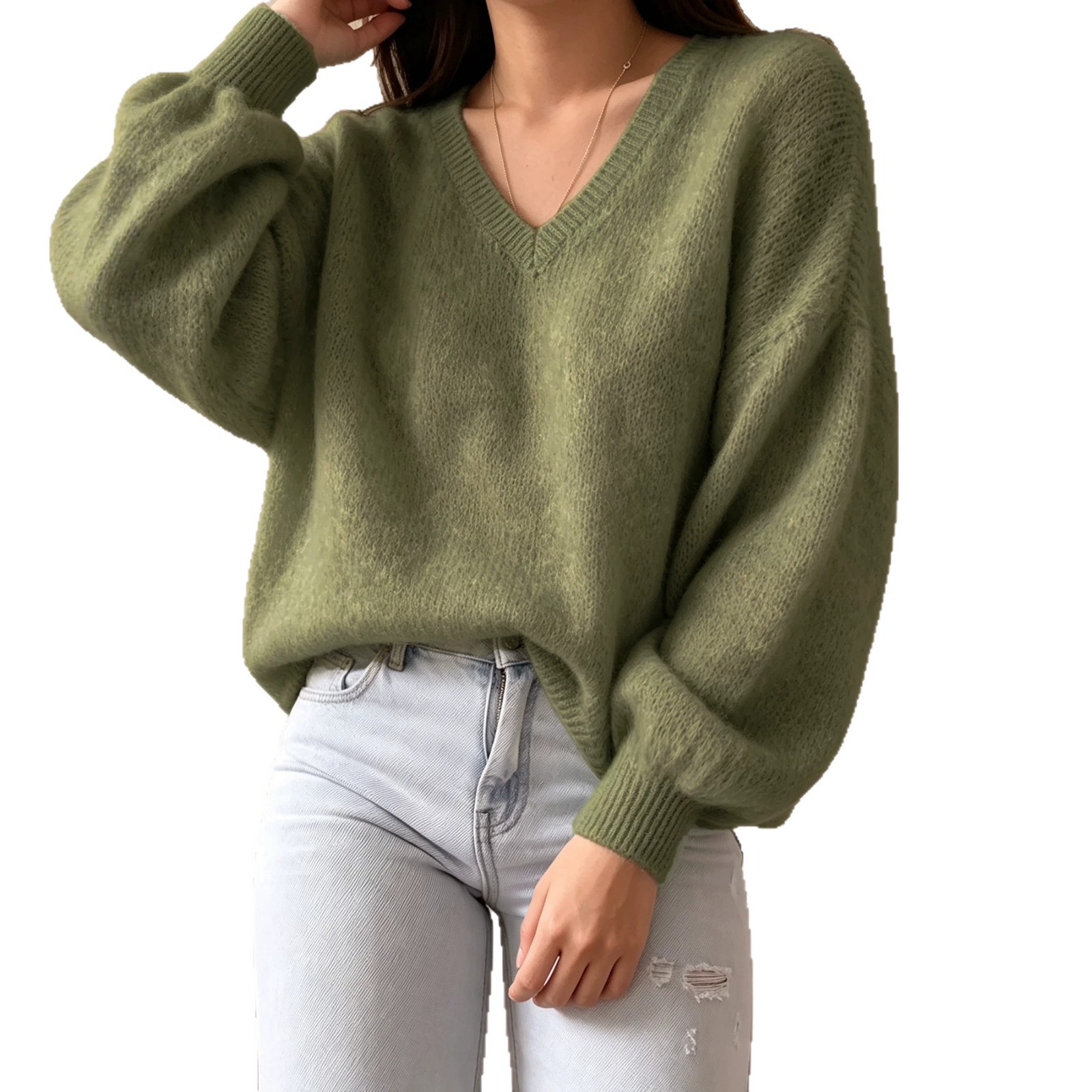 Lantern-sleeve Relaxed Casual-style Knitted Pullover — product photo 7