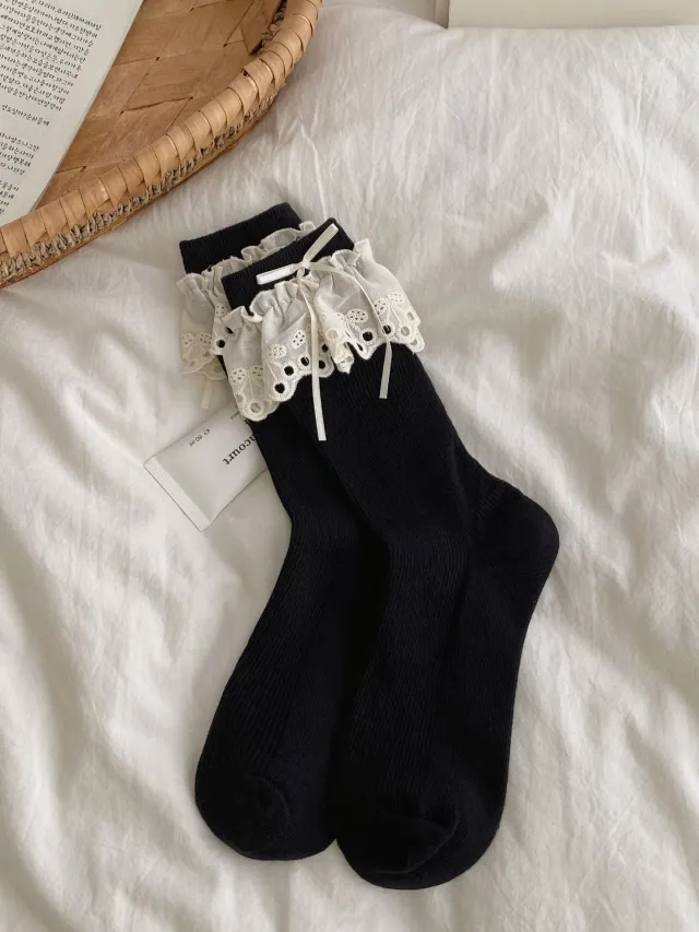 Ins Ballet Style Blogger Same Style Tube Socks Hollow Cherry Lace Bow Socks Japanese JK Girl Bunching Socks Black - Shop at LoveMi