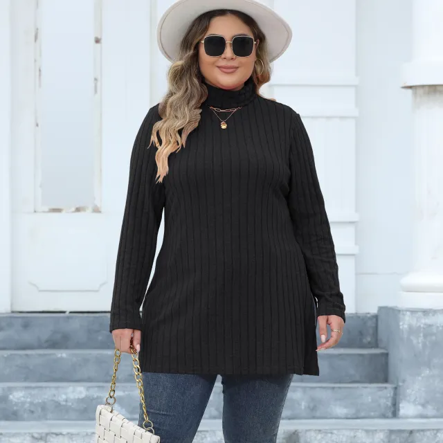 Women's Plus Size Turtleneck Slim Fit Striped Slit Mid length Top Black - Shop at LoveMi