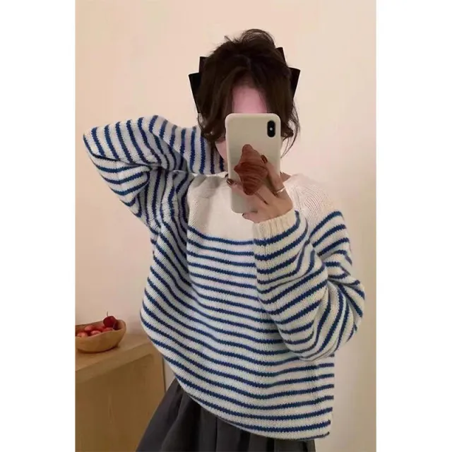 Striped Pullover Women's Spring And Autumn Blue - Shop at LoveMi