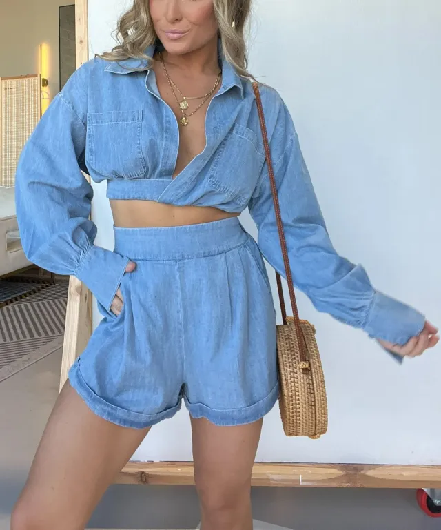 Fashion Women's Wear Denim Shirt Deep V Long Sleeve Suit Blue - Shop at LoveMi