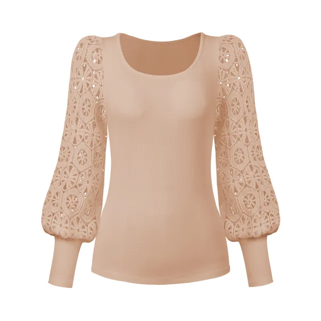 New Fashion Lace Long Sleeve Pullover Small Sunken Stripe T shirt Estv065 Khaki - Shop at LoveMi