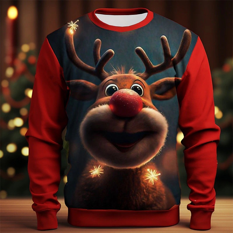 Title 2, Christmas Elk Printing Round Neck Sweater Base ...