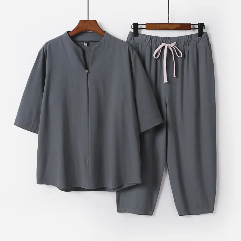 Men's Plus Size Loose Lay Buddhist Clothes Suit - Gray