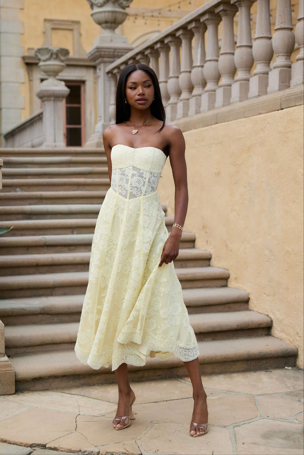 Lace Sexy Backless Wrap Party Dress Light Yellow - Shop at LoveMi