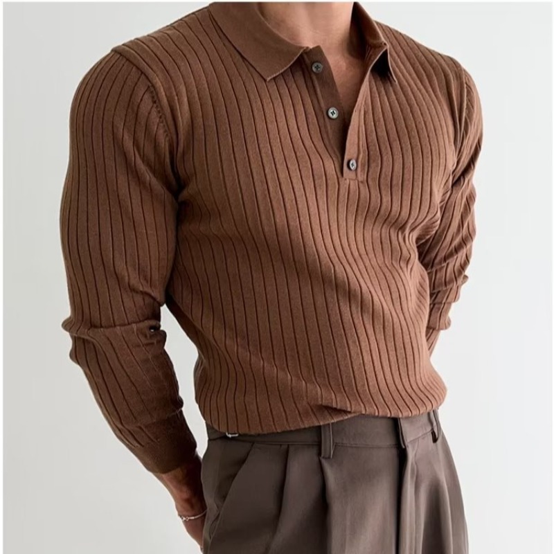 Lapel Button Long Sleeve Polo Shirt Slim Fashion Solid Striped Knitted Bottoming - Picture 4 of 5