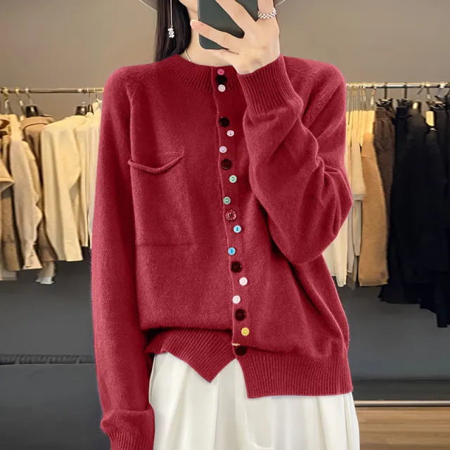Women's Round Neck Knitted Cardigan With Color Buckle Inner Wear Blouse Red - Shop at LoveMi