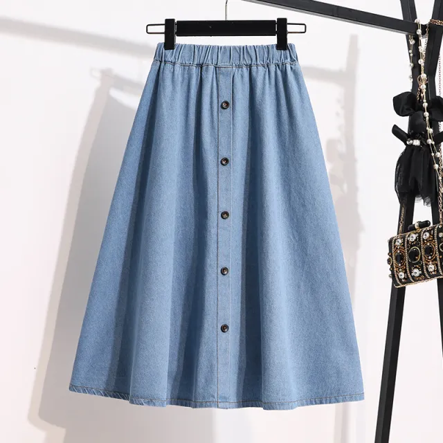 Plus Size Breasted Elastic Waist Blue Denim Skirt Light Blue - Shop at LoveMi