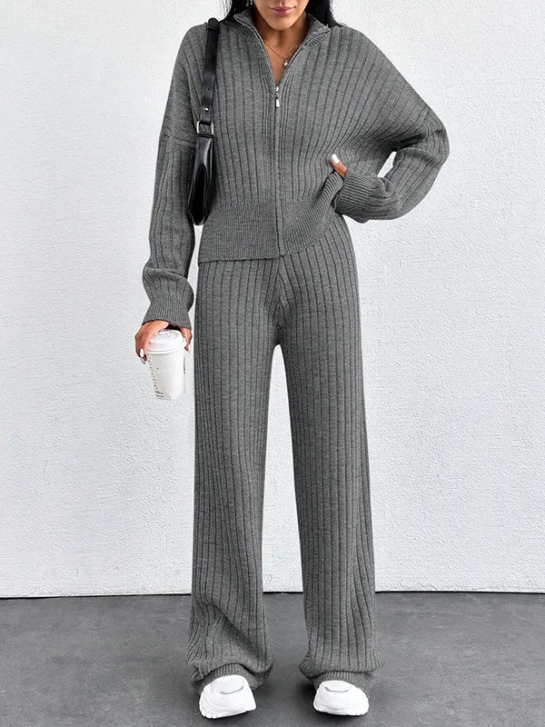 Autumn And Winter New European And American Women's Casual Loose Zip Top And Trousers Two piece Set Gray - Shop at LoveMi