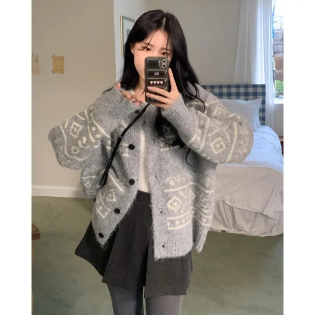Casual Women's Sweater Geometric Pattern Round Neck Knitted Cardigan Gray - Shop at LoveMi
