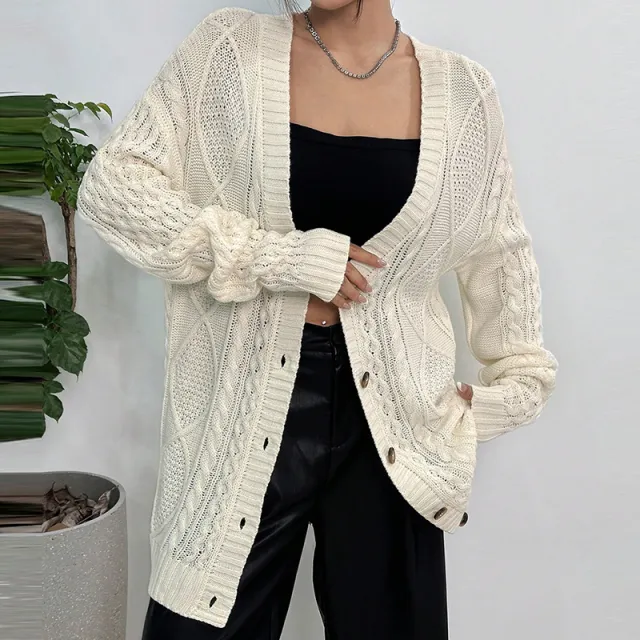 Sweater Coat Loose Twisted V neck White - Shop at LoveMi