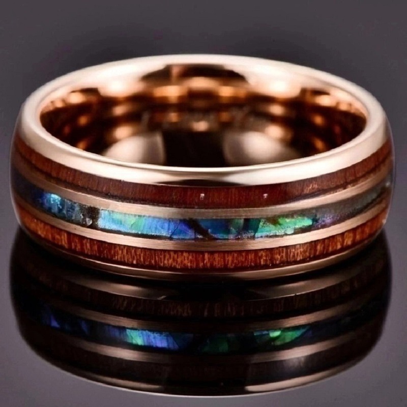 Mens 8mm Rose Gold Triple-Groove Stainless Steel Ring