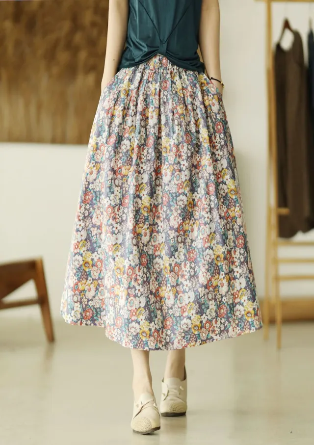 High Waist Retro Printed A Line Loose Floral Skirt Purple - Shop at LoveMi