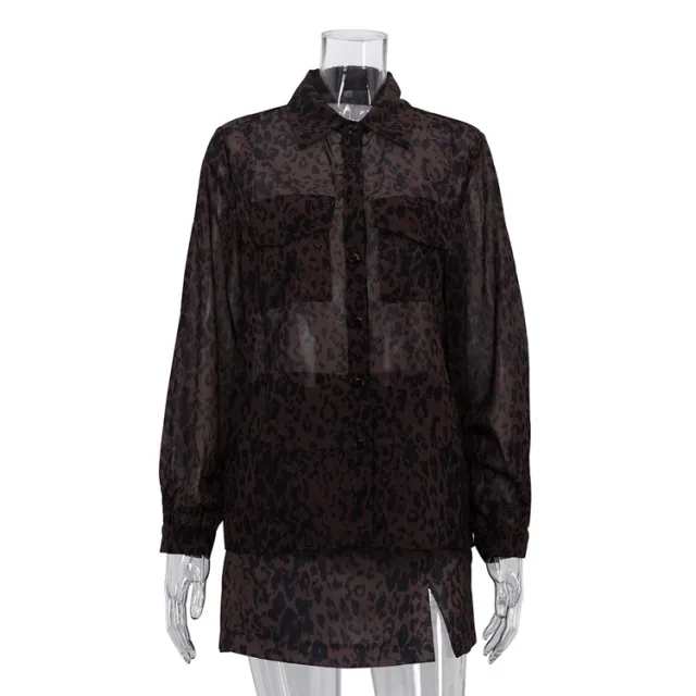 Lapel Long Sleeve Top High Waist Slit Short Skirt Two piece Leopard Print Skirt Suit Leopard - Shop at LoveMi