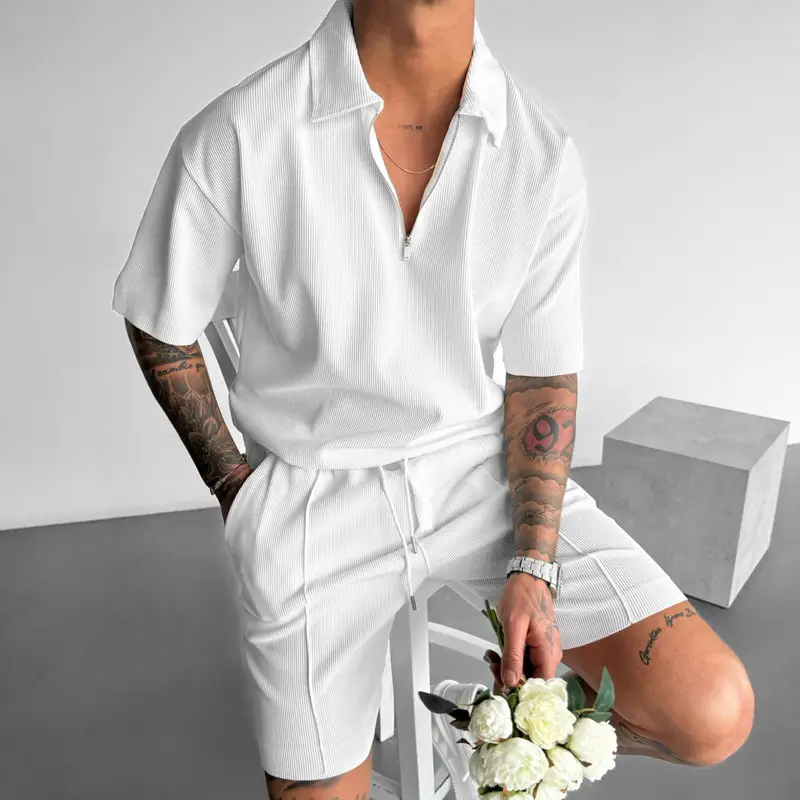 Summer Fashion Mens Clothing Men's Suits New Zipper Polo Casual Short Sleeve