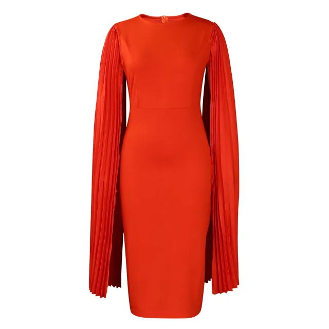Round Neck Pleated Shawl Banquet Party Evening Gown Orange - Shop at LoveMi