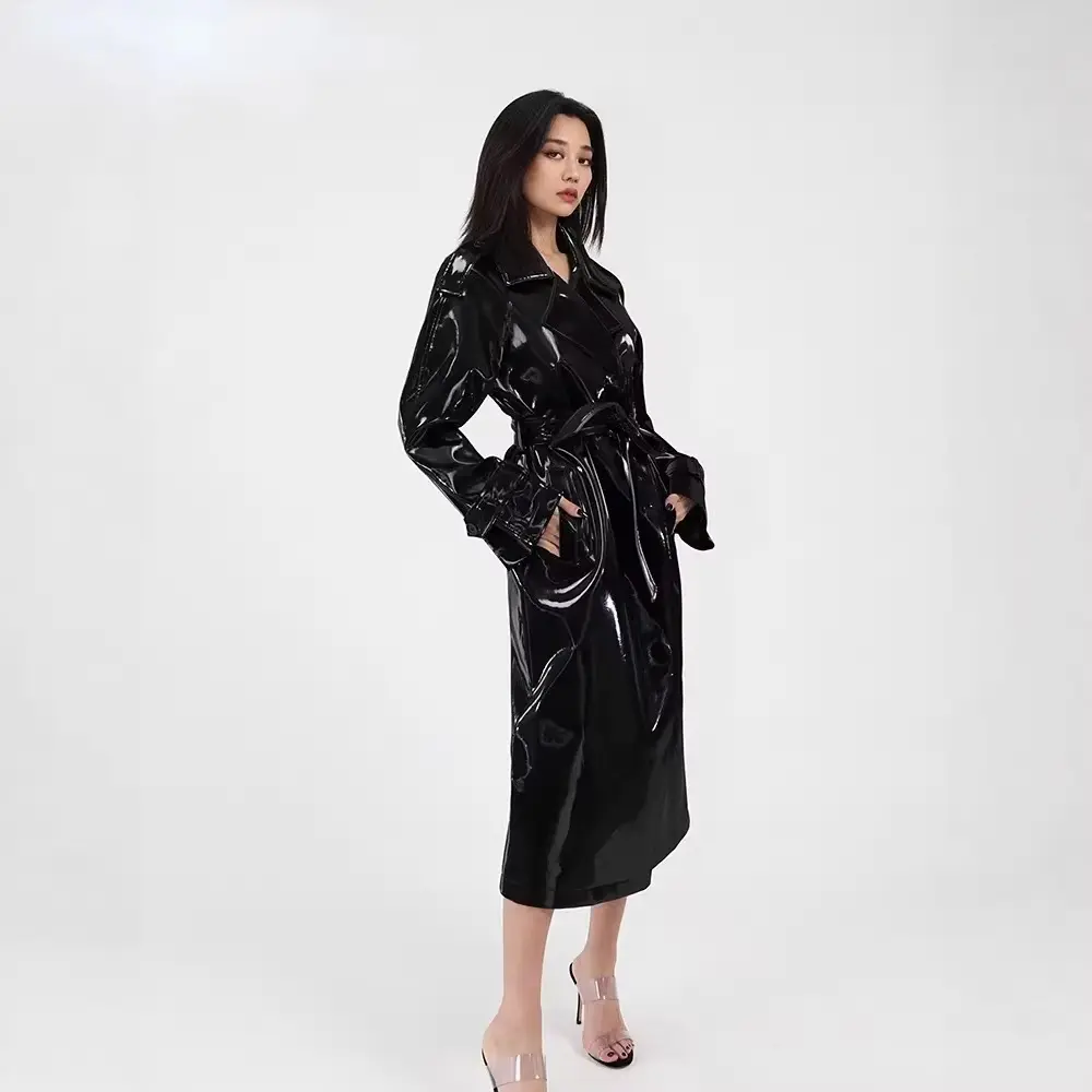 Womens Mirror-Look Leather Fashionable Nightclub Long Trench