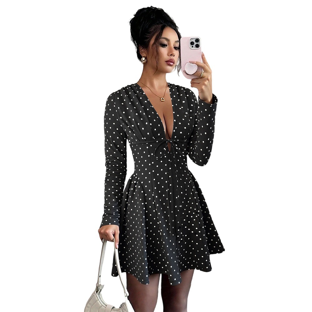 Fashionable Sweet Polka Dot V Neck Long Sleeve Elastic Waist Dress Picture Flower - Shop at LoveMi
