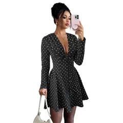 Fashionable Sweet Polka-Dot V-Neck Long-Sleeve Elastic-Waist Dress - Picture Flower - View 1